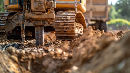 Fototapeta premium Close-up of a Drilling Rig's Bit Digging into Soil