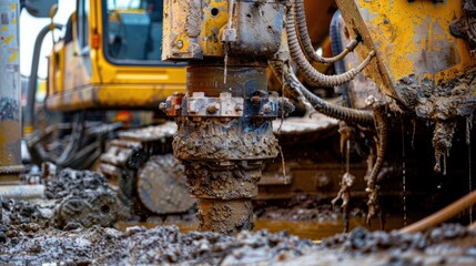 Close-up of a Muddy Excavator Drill Bit Dripping with Mud