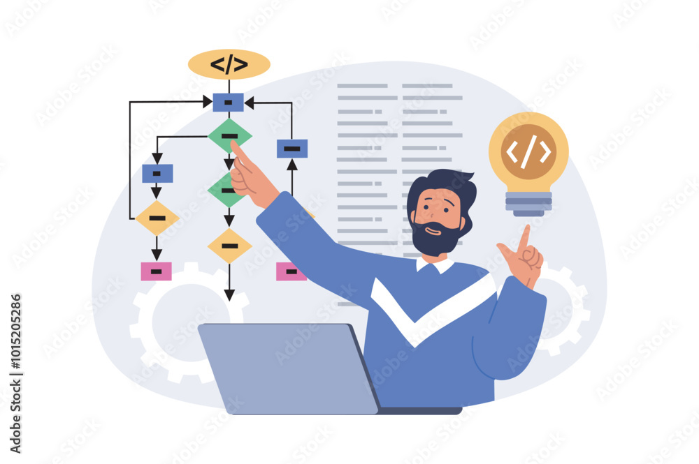 Fototapete Programming concept in modern flat design for web. Man creating software products, coding and testing, fixing and settings algorithm and scripts, making project improvements. Vector illustration.