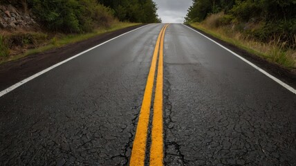 Naklejka premium Road, Forest, Clouds, Sky, Highway, Road Markings, Asphalt, Road Sign