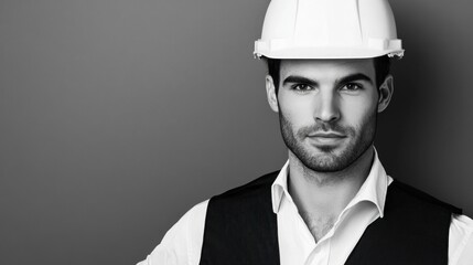 A well-dressed construction worker stands confidently while wearing a hard hat. His formal attire contrasts with the protective gear, showcasing professionalism in a construction environment
