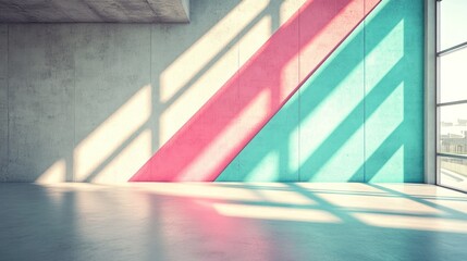 A contemporary interior features a mix of concrete walls and vibrant diagonal color accents. Natural light casts dynamic shadows, creating an inviting atmosphere for creativity