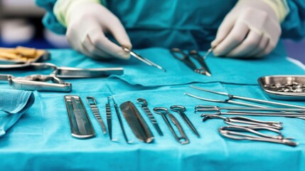 A medical professional is meticulously arranging a variety of surgical instruments on a blue drape in a sterile operating room, ensuring readiness for an important surgical procedure