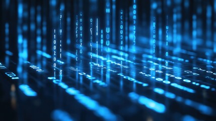 Bright streams of blue binary code flow vertically, creating an abstract digital landscape. The visual representation captures the essence of data transfer in a modern technological context