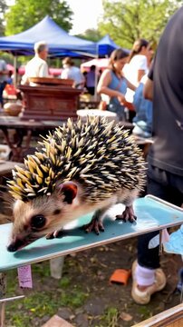 H&eacute;risson curieux explorant un march&eacute; en plein air

