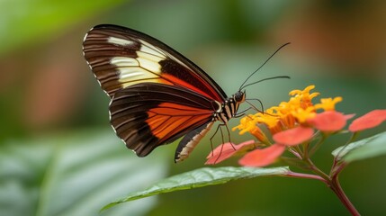 Fototapeta premium A colorful butterfly with black, white, and orange wings rests on a yellow and red flower, with green foliage in the background.