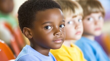 In a colorful classroom setting, a young boy gazes thoughtfully at the camera while his classmates focus on the activity, highlighting the importance of attention during group learning
