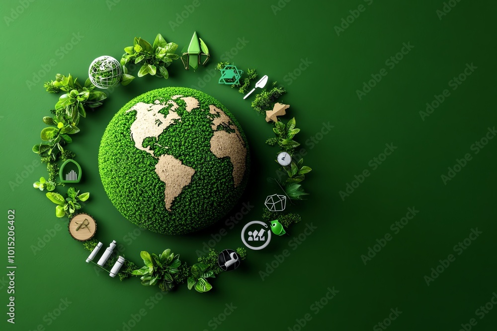 Poster minimalist representation of the planet surrounded by sustainable symbols, showing a vision for a gr
