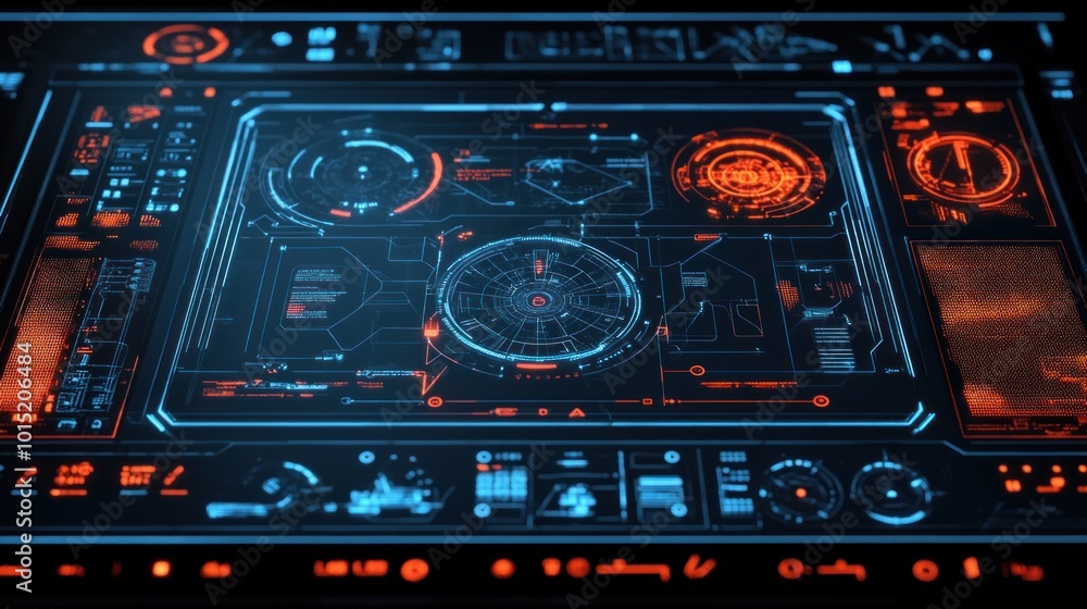 Poster a high-tech control panel glows with blue and orange highlights, showcasing intricate data visuals a