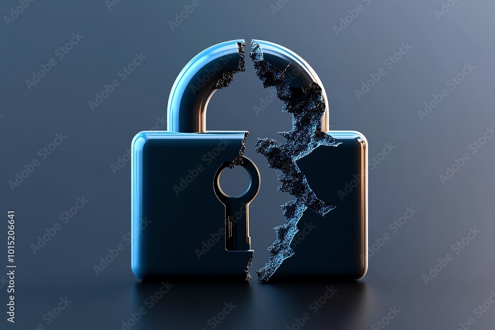 Poster minimalist lock icon being broken by a phishing attack, showing a key and lock separating, drawn in 