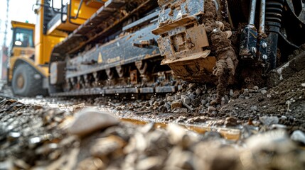 Close-up of a Construction Vehicle's Track and Wheel Moving Through Gravel and Mud