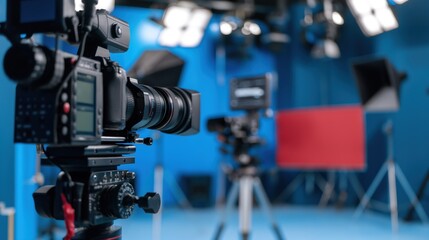Fototapeta premium Professional-grade cameras and various lighting setups occupy a vibrant blue studio space, ready for a creative video or photo shoot to take place