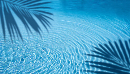 Aqua waves and coconut palm shadow on blue background. Water pool texture top view.Tropical summer mockup design. Luxury travel holiday.
