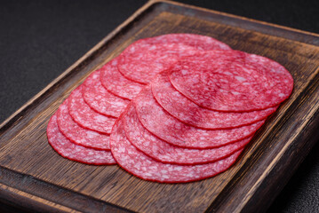 Delicious smoked salami sausage with salt, spices and herbs