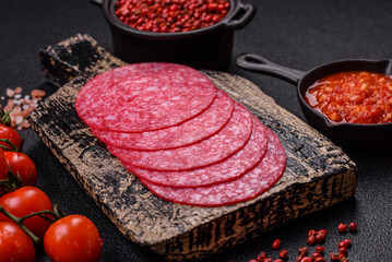 Delicious smoked salami sausage with salt, spices and herbs