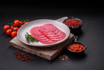 Delicious smoked salami sausage with salt, spices and herbs