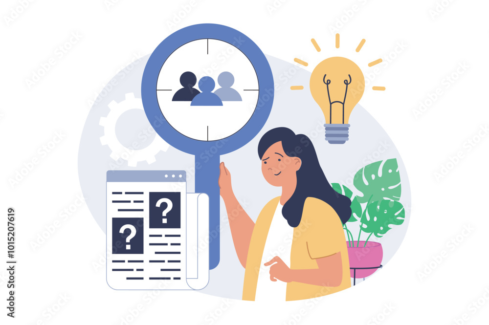 Poster recruitment concept in modern flat design for web. woman with magnifier searching candidates in comp