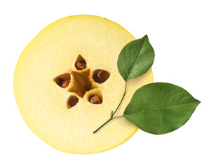 Fresh ripe yellow Quince fruit  falling in the air isolated on white background. Food levitation or...