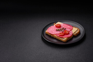 Sandwich with toast, salami slices, cheese and tomatoes, salt and spices