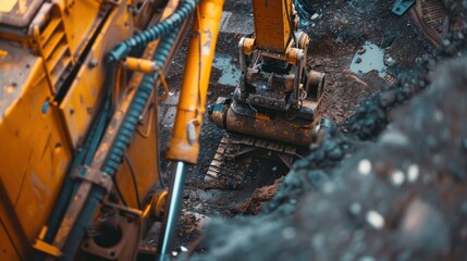 Close-up of a Yellow Excavator Arm in a Construction Site