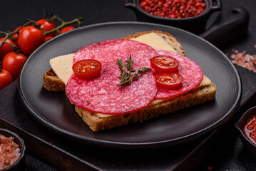 Sandwich with toast, salami slices, cheese and tomatoes, salt and spices