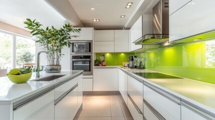 This contemporary kitchen features sleek white cabinetry and vibrant green accents