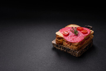 Sandwich with toast, salami slices, cheese and tomatoes, salt and spices