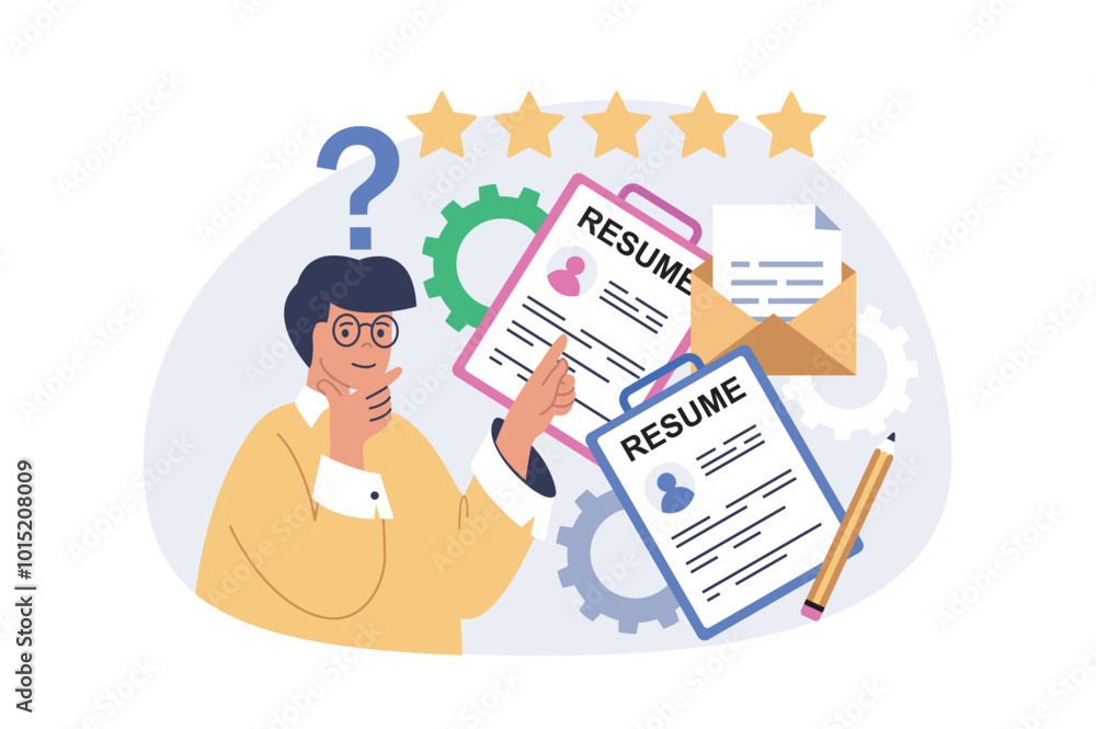 Poster recruitment concept in modern flat design for web. man working as headhunter, searching best candida