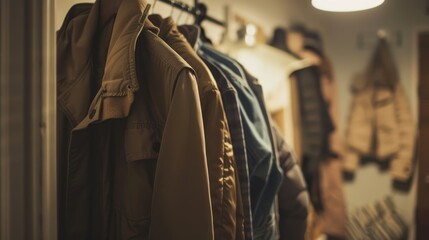 Fototapeta premium Close-up of a brown jacket hanging on a rack in a room