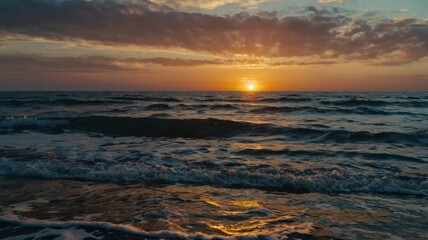 Fototapeta premium Sea, Sun, Mountains, Sunset, Surf, Clouds, Sky, Waves, Water, Sand