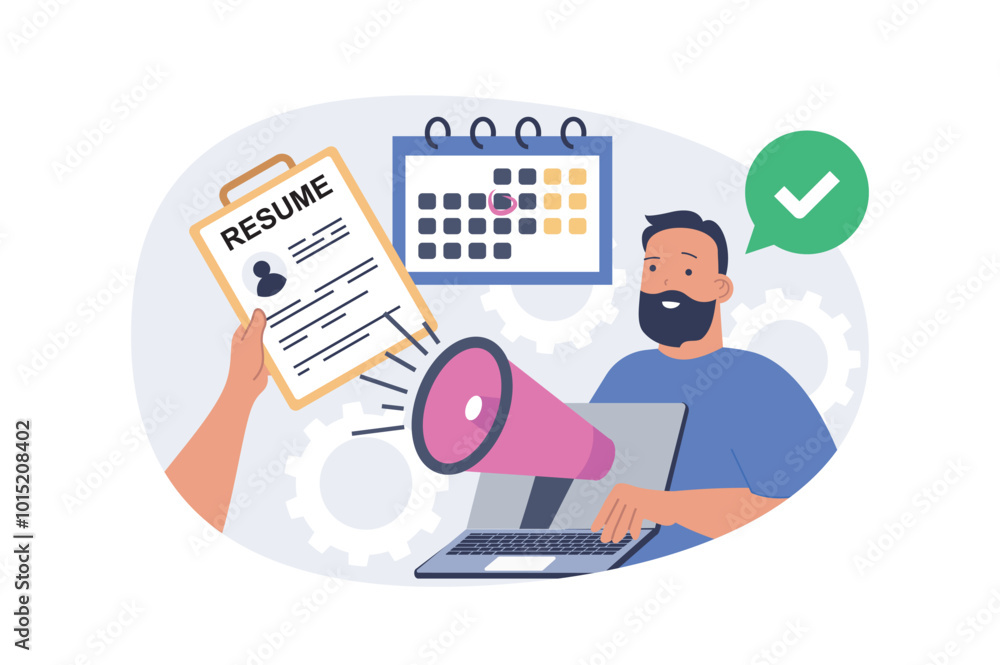 Poster recruitment concept in modern flat design for web. man with loudspeaker searching best candidate res