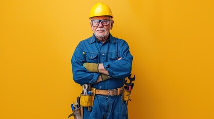 Fototapeta premium Confident Senior Construction Worker in Yellow Hard Hat with Tools on Yellow Background