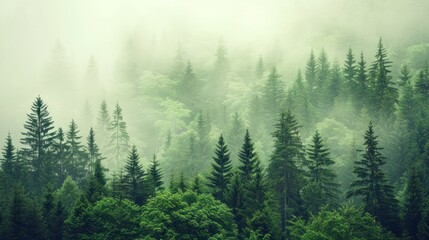 Mist-covered pine trees with dense greenery. Concept of wilderness and serene nature.