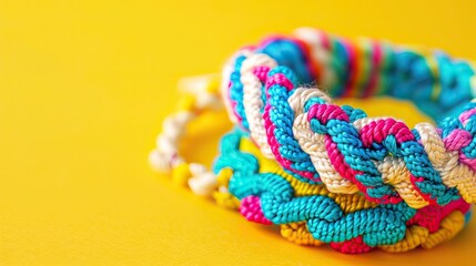 Colorful Handmade Woven Bracelets on Bright Yellow Background