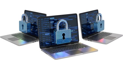 Three laptops with digital padlocks on them, representing data protection and cyber security against an isolated background