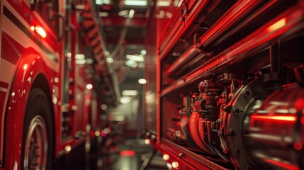 Fototapeta premium Close-up of a Fire Truck's Compartment with Red Lights and Equipment