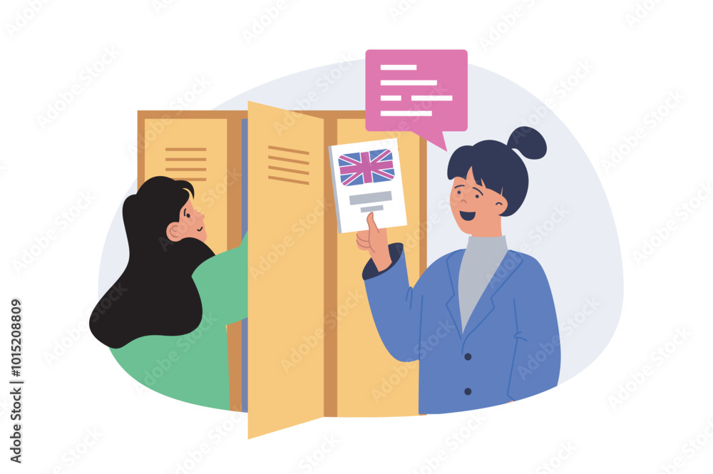 Aufkleber school learning concept in modern flat design for web. classmates girls talking by lockers, preparin