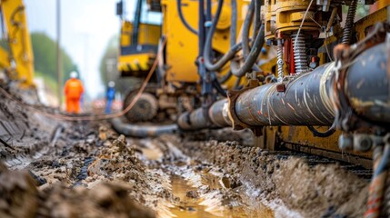 Close-up of Construction Machinery and Pipeline During Excavation