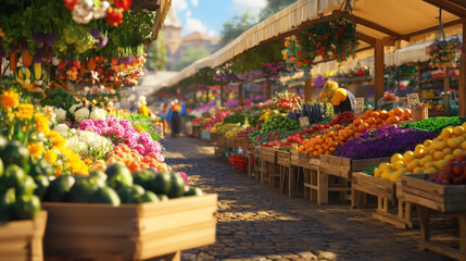 Vibrant outdoor vegetable and flower market