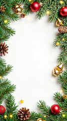 Festive Christmas Border with Pine Branches, Red Ornaments, and Golden Bells on White Background
