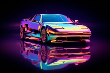 A vibrant, retro-styled sports car glimmers in neon colors, reflecting against a dark background, creating an eye-catching and futuristic aesthetic.