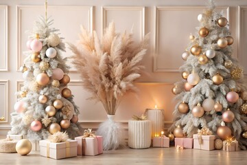 A chic Christmas scene featuring two frosted trees adorned with gold and pink ornaments, pampas grass, candles, and gift boxes. Perfect for modern, elegant holiday decor ideas.