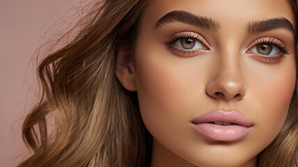 A female Instagram model, an attractive woman with an oval face, warm light brown eyes, full naturally pink lips, and long, wavy light brown hair