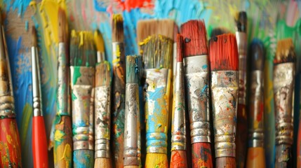 Obraz premium Collection of paintbrushes with colorful paint splatters. Concept of art and creativity tools.