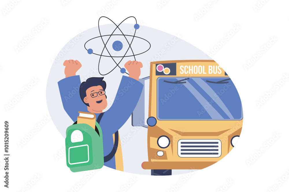 Leinwandbilder school learning concept in modern flat design for web. happy schoolboy with backpack hurrying at yel