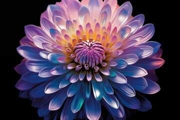 Fototapeta premium A vibrant, multicolored flower with delicate petals, showcasing shades of purple, blue, and gold against a dark background.