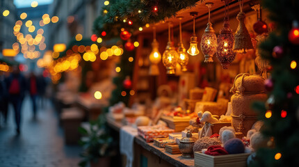 A magical winter evening unfolds as holiday shoppers explore a festive market adorned with twinkling lights and colorful decorations, creating a warm, inviting atmosphere