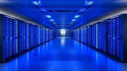 Fototapeta premium Blue-lit server room with rows of cabinets and a long corridor.