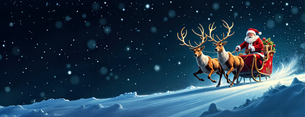 Santa Claus Riding Sleigh with Reindeer in a Snowy Night Winter Christmas Scene, banner