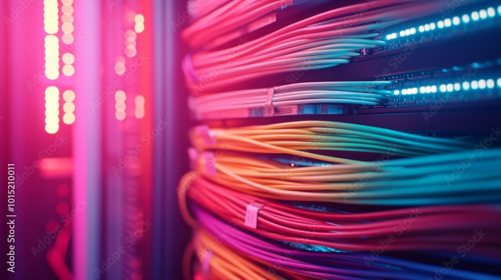 Poster bundles of vibrant internet cables are neatly arranged in a server rack, with labeled tags visible w